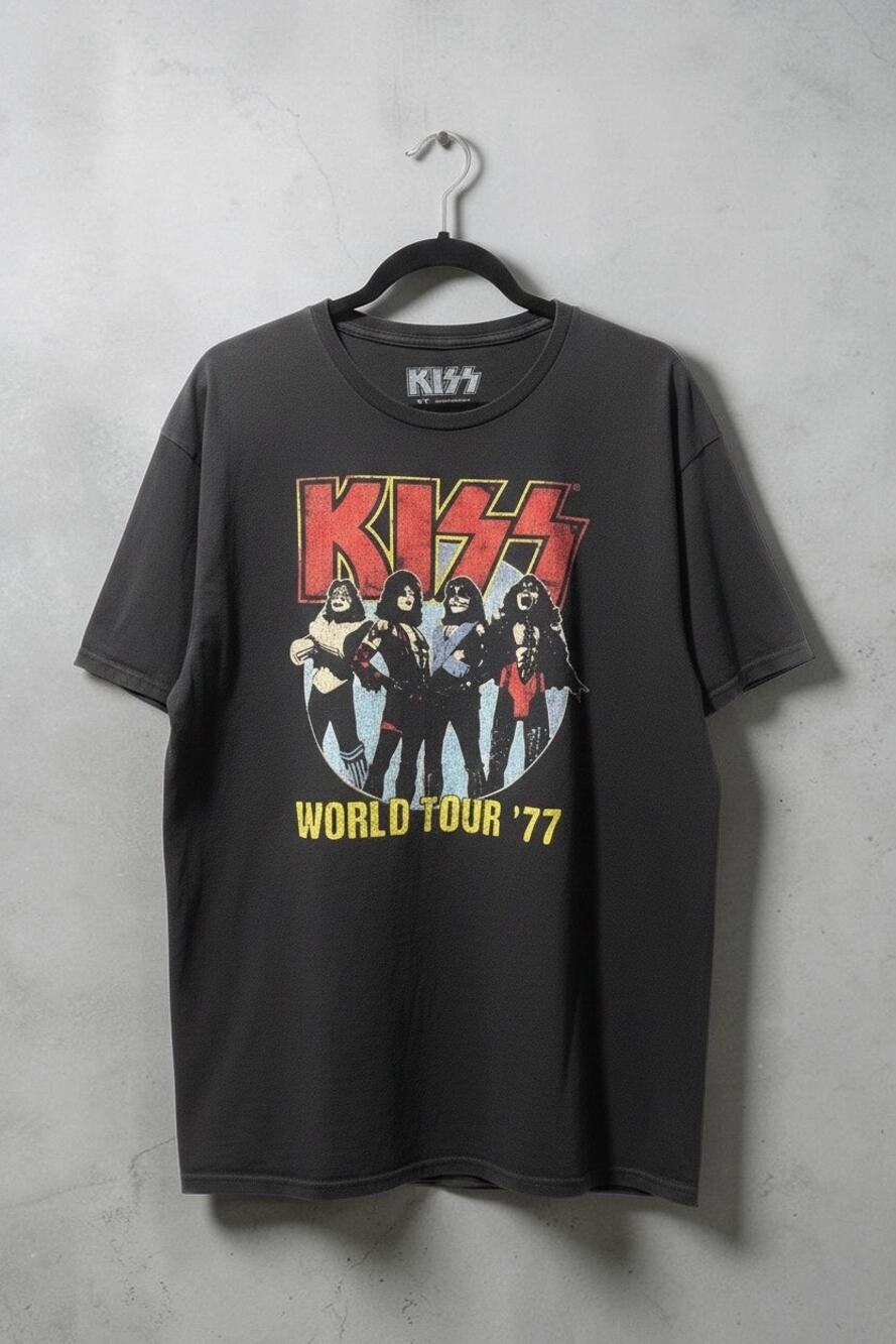 KISS World Tour '77 Graphic Tee Faded Black Concert Band T-Shirt Size XL